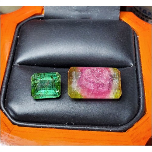 2.69Ct Green Emerald Cut Tourmaline & 8.97Ct Parti Multi Color Tourmaline Lot $1Nr